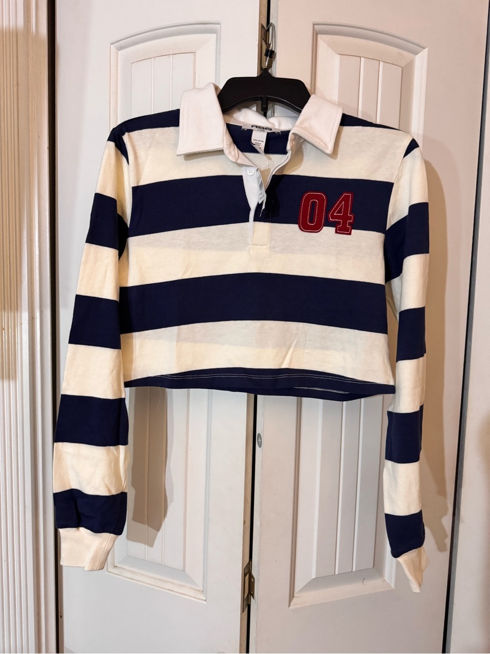 RSQ Navy & White Striped Cropped Rugby Polo with Red '04 Patch
